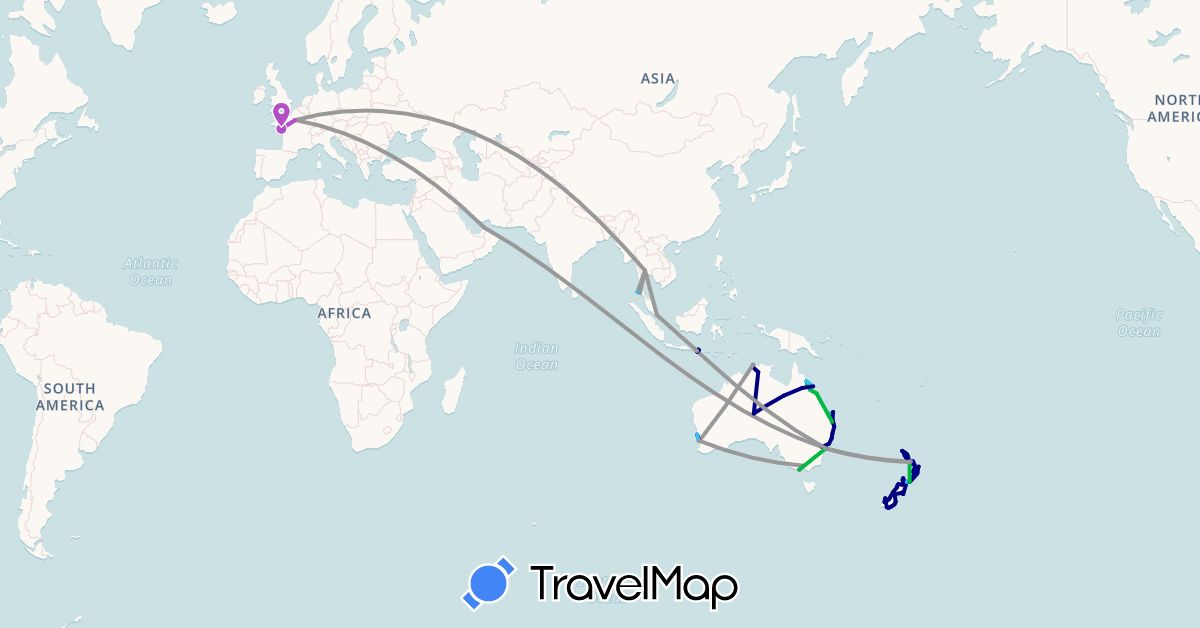 TravelMap itinerary: driving, bus, plane, train, boat in United Arab Emirates, Australia, France, Indonesia, New Zealand, Singapore, Thailand (Asia, Europe, Oceania)
